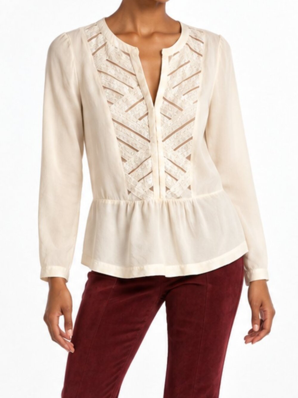 Twelfth Street by Cynthia Vincent Ivory Silk Lace Peplum Blouse Size Small